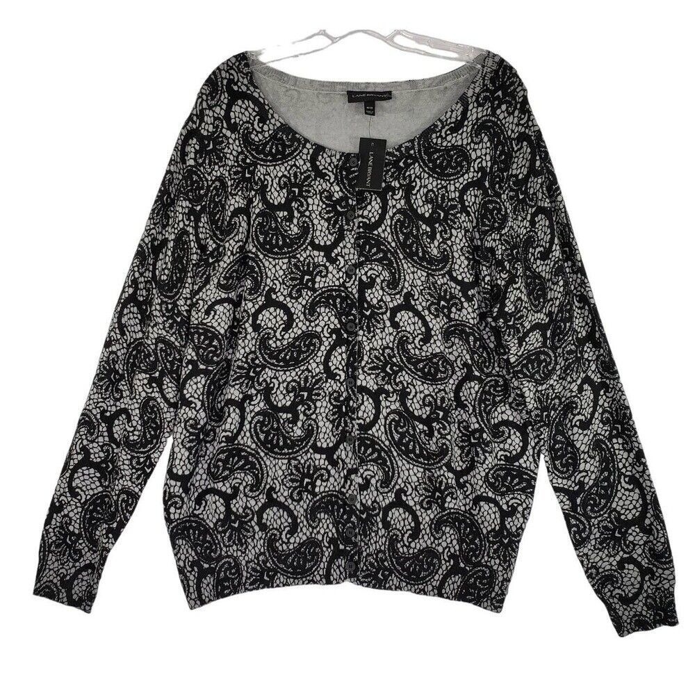 Lane Bryant Cardigan Paisley Print Button Front Long Sleeve Gray Plus Size 18/20